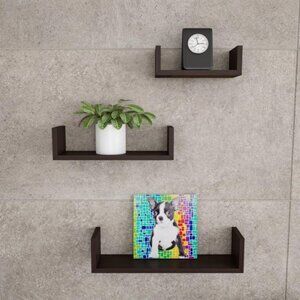 NEW - Set Of 3 Brown U-Shaped Floating Shelves